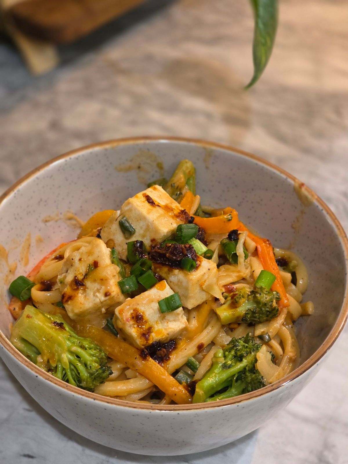 Tofu & Veggie Stir Fry Noodles with Spicy Peanut&nbsp;Dressing